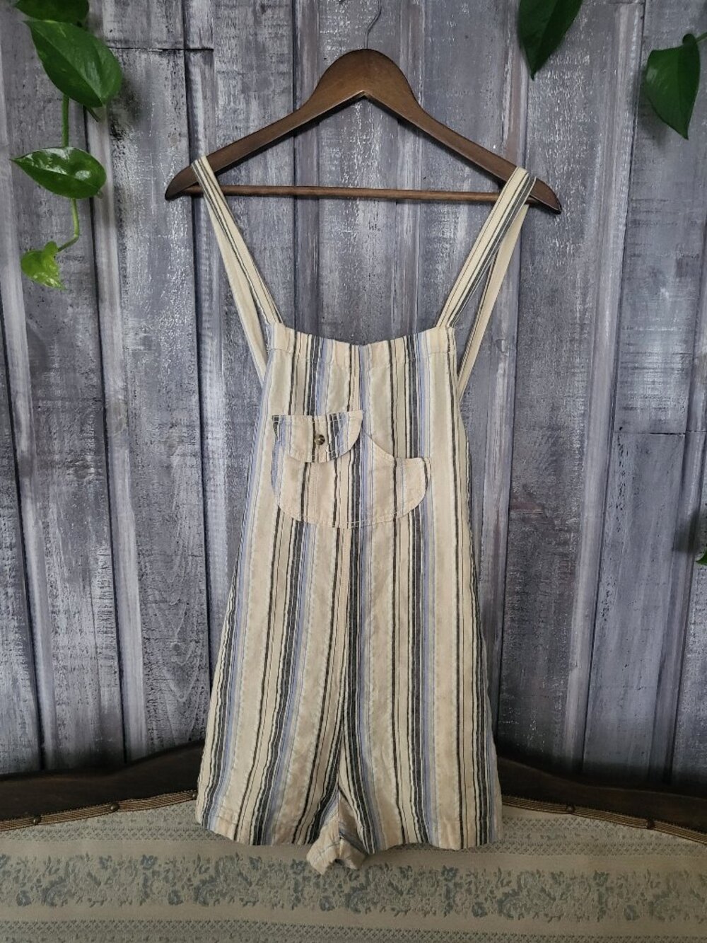 Linen Overalls Romper Med Striped Cuffed Short